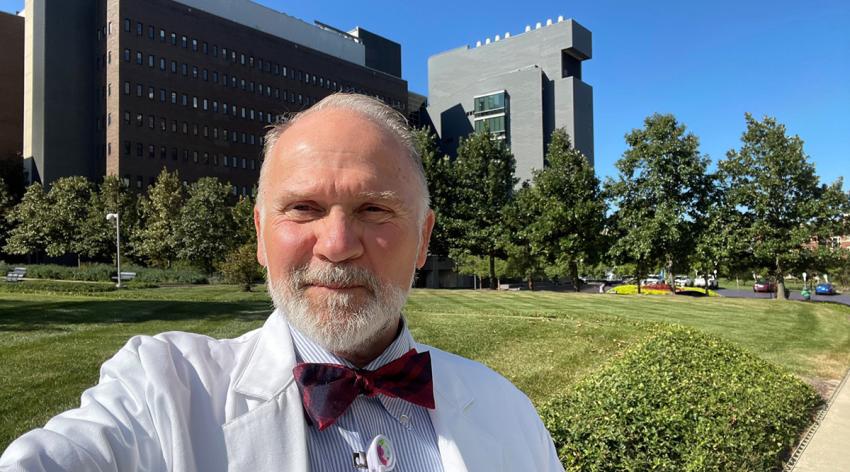 Donald Batisky, MD, takes a selfie in front of the University of Cincinnati College of Medicine in Ohio.