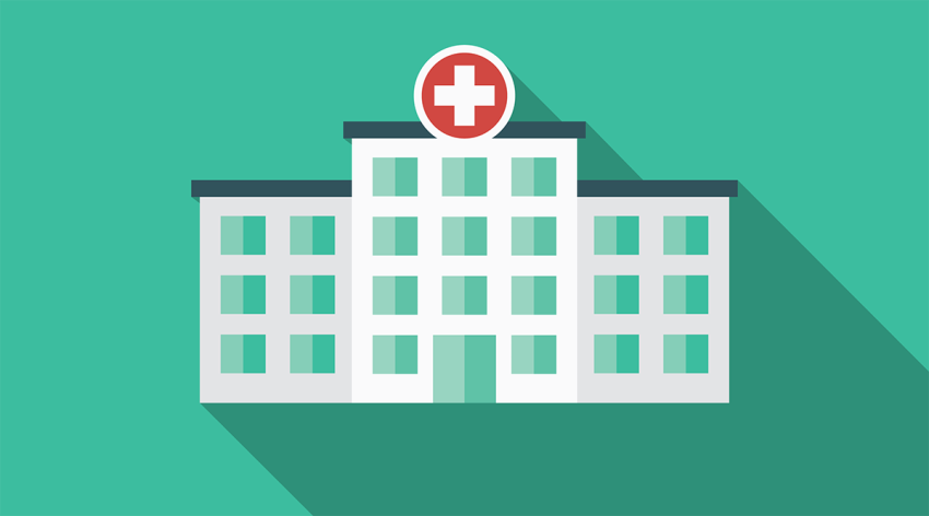 A flat design styled hospital icon with a long side shadow.