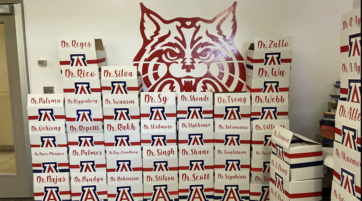 Gift boxes from the University of Arizona that included Match Day envelopes and some school memorabilia