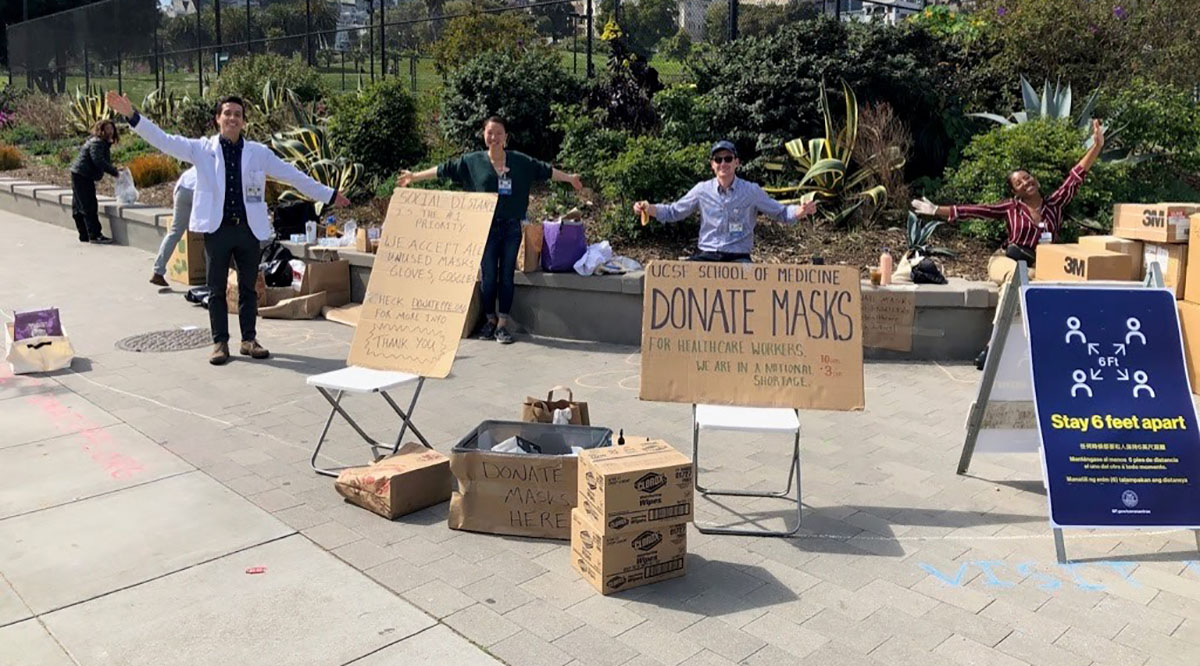 University of California, San Francisco, School of Medicine student volunteers recently collected 23,000 protective masks while making sure they stayed at least 6 feet apart from each other and donors
