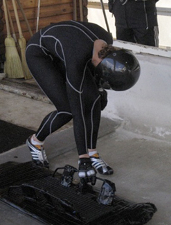 Aliyah Snyder, PhD, prepares for a skeleton ride in Lake Placid, NY, in 2009.