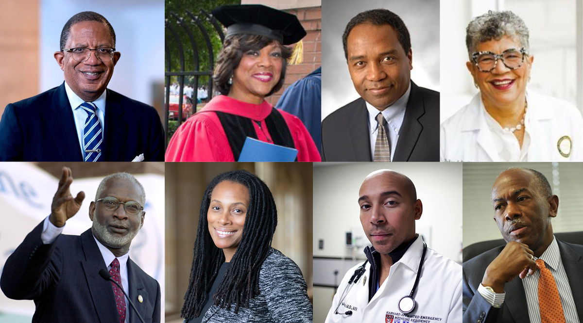 Eight prominent Black leaders in medicine. Top row (left to right): Selwyn Vickers, MD, Valerie Montgomery Rice, MD, Griffin Rodgers, MD, and Deborah Prothrow-Stith, MD. Bottom row (left to right): David Satcher, MD, PhD, Marcella Nunez-Smith, MD, Alister Martin, MD, and James Hildreth Sr., MD, PhD.