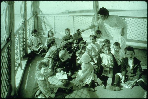 young children on deck of Floating Hospital for Children, early 20th century