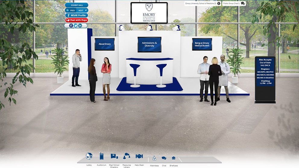 Visitors can choose from dozens of school "booths" and chat online with admissions staff.