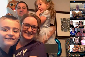 Lauren Jodi Van Scoy, MD, associate professor of medicine, humanities, and public health sciences at Penn State College of Medicine in Hershey, Pennsylvania, poses for a screenshot during her virtual Thanksgiving celebration with family over Zoom.