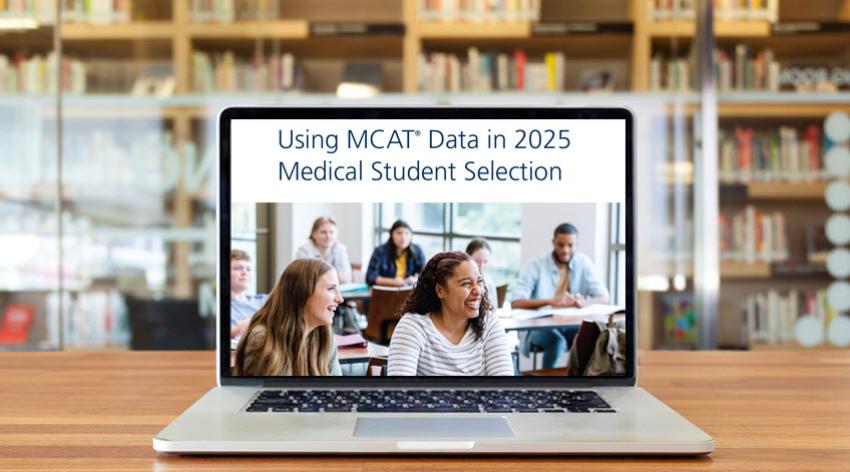 Image of laptop showing cover of Using MCAT® Data in 2025 Medical Student Selection guide.