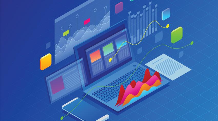 Illustration of data financial graphs or diagrams, information data statistic. Laptop and infographics isometric vector illustration on ultraviolet background.