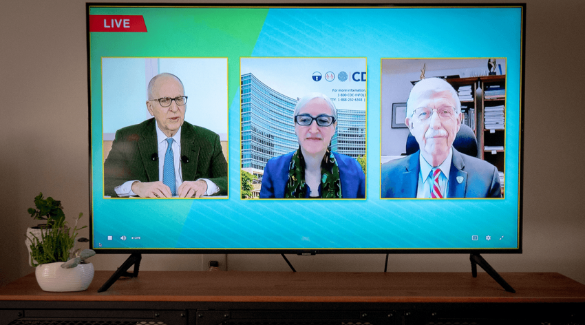 Dr. David Skorton, Dr. Anne Schuchat, and Dr. Francis Collins speak on a video screen during Learn Serve Lead 2020.